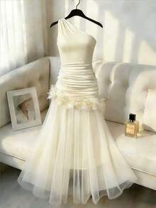 Elenzga 女士奶油黄色新款法式时尚优雅连衣裙，斜肩收腰褶皱喇叭裙摆网纱花卉装饰，修身剪裁，春夏新娘象牙色礼服鸡尾酒会婚纱奶油色连衣裙女士优雅白色连衣裙正式派对美丽连衣裙女士连衣裙正式服装惊艳连衣裙女士生日礼服 - 杏色 - 查看 1