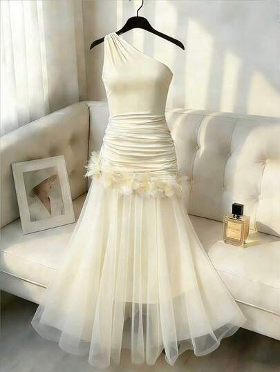 Elenzga Women's Cream Yellow New French Fashion Elegant Elegant Dress, Oblique Shoulder Waist Ruched Flared Mesh Floral Decor, Flattering Silhouette, Spring/Summer Bride Ivory Dress Cocktail Wedding Dress Cream Dresses For Women Elegant White Elegant Dresses Formal Party