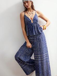 Bohemela 波西米亚风度假休闲编织佩斯利印花吊带背心和阔腿裤两件套女装 - 藍色 - 查看 5