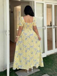 Sunnyshic Đầm xẻ tà cổ vuông cỡ lớn dành cho nữ, kiểu dáng đi nghỉ mát. - Màu vàng - Xem 2
