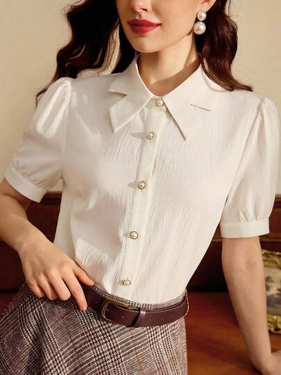 Vintamour Vintage Elegant Women Shirt With Bow Tie Collar, Pearl Buttons, Casual Wear For Commute, Holiday