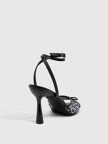 CUCCOO SZL Women's Mesh Bow Leopard Print High Heel Sandals, Fashionable Versatile Sexy Stiletto Heels For Summer Summer Shoes - Black - View 3
