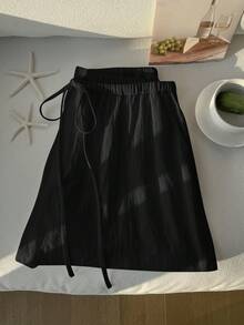 Comfortcana Black Casual Loose Drawstring Solid Color Comfortable Plus Size Shorts, Spring/Summer - Black - View 7