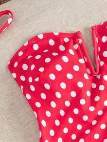 SHEIN Swim Mod Áo tắm liền thân cổ chữ V họa tiết chấm bi, dây đeo rời, trang trí bèo nhún, dành cho nữ, thích hợp cho kỳ nghỉ hè. - Đỏ và trắng - Xem 3