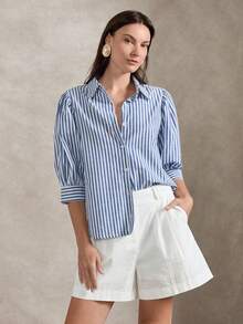 Briarwyn 女士条纹翻领单排扣休闲百搭日常衬衫 - 藍色 - 查看 1