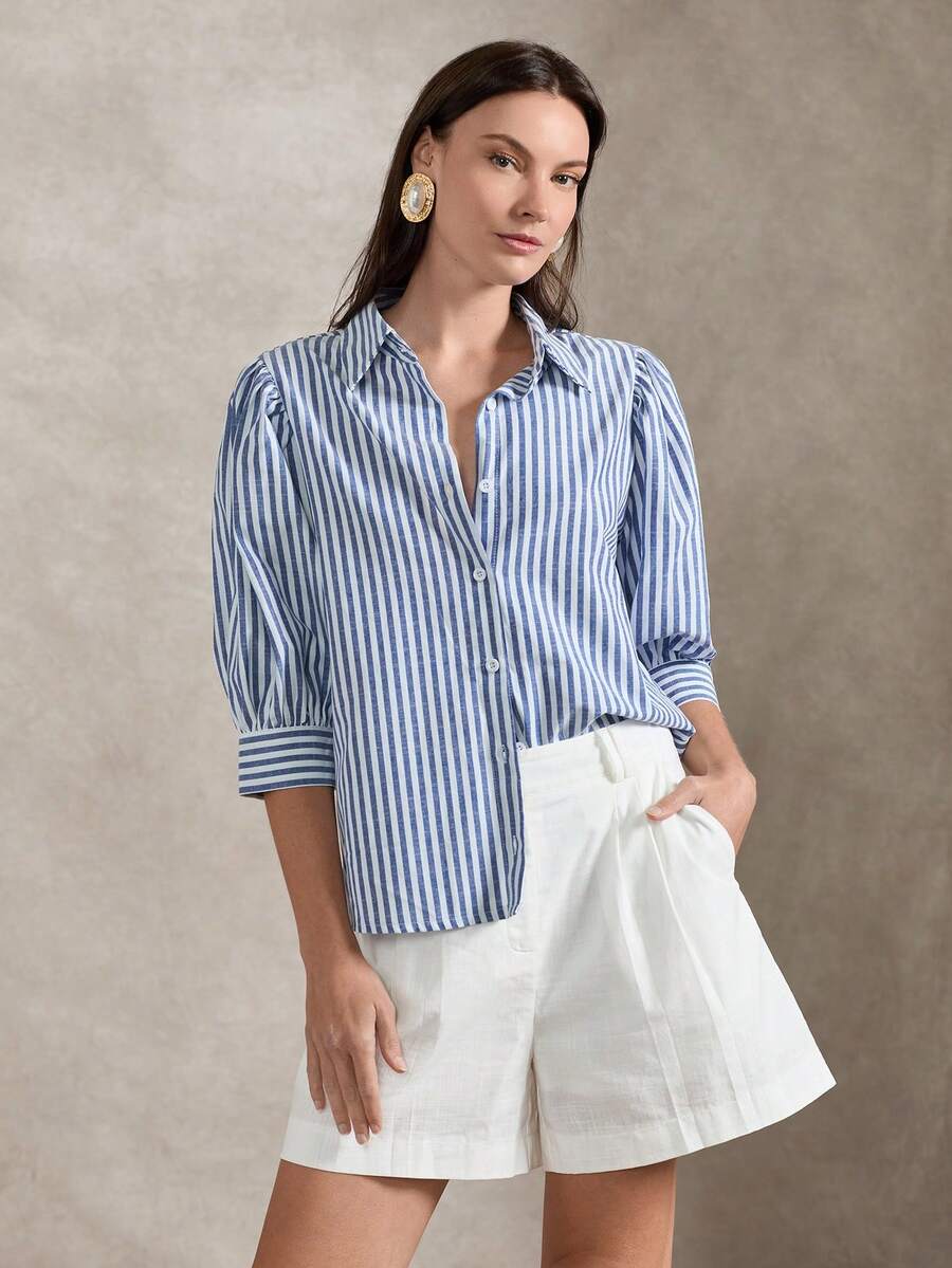 Briarwyn 女士条纹翻领单排扣休闲百搭日常衬衫 - 藍色 - 查看 1