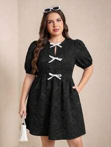 Comfylo Plus Size Jacquard Bow Decor Pocket Dress - Black - View 4