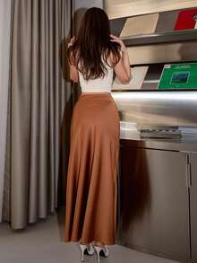 Bris Aura 女士缎面及地鱼尾裙，百搭日常棕色半身裙 - 鏽棕色 - 查看 5