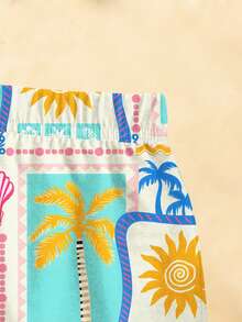 一套女童休闲度假夏季沙滩印花套装，清爽的棕榈叶贝壳图案T恤和短裤套装，沙滩度假必备，趣味热带印花，轻松透气的服装 - 白色 - 查看 6