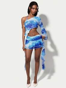 Amplova Women's Fashion Sexy Tie-Dye Print Rhinestone Asymmetric Super Short Halter Top & Mini Skirt 3-Piece Set - Blue - View 4