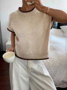 Siren Gaze 女士撞色圆领短袖休闲宽松针织上衣 - 卡其色 - 查看 1