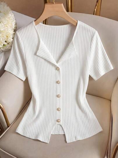 GlowEve Women's Solid Color V-Neck Short Sleeve Single-Breasted Casual T-Shirt, Summer