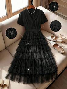 GlowEve CURVE 优雅的蛋糕造型闪亮薄纱连衣裙，适合婚礼、派对、下午茶、活动和正式场合。 - 黑色 - 查看 1