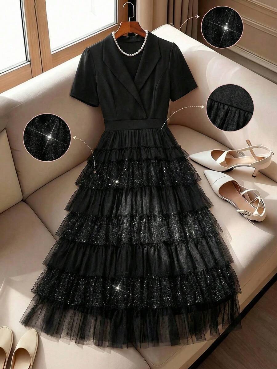 GlowEve CURVE 优雅的蛋糕造型闪亮薄纱连衣裙，适合婚礼、派对、下午茶、活动和正式场合。 - 黑色 - 查看 1
