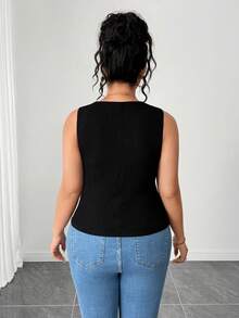 Elenzga Women's Summer Black Textured Square Neck Sleeveless Fitted Vest, Camellia Button Waist Design, Stylish Vest For Everyday Wear, Shopping, Or As An Inner Layer Or Outer Layer. - Black - View 2