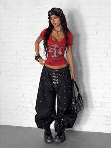 StreetHx Women's Red V-Neck Short Sleeve T-Shirt, Front Cross Rhinestone Print, Low Neckline, Slim Fit, Waist Cinched, Rock, Punk, Music Festival, Streetwear, Y2K, Sexy - Red - View 2