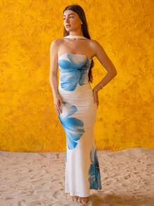 Andrea Bello 女式2025夏季露背系腰修身印花中长连衣裙 - 藍白色 - 查看 1