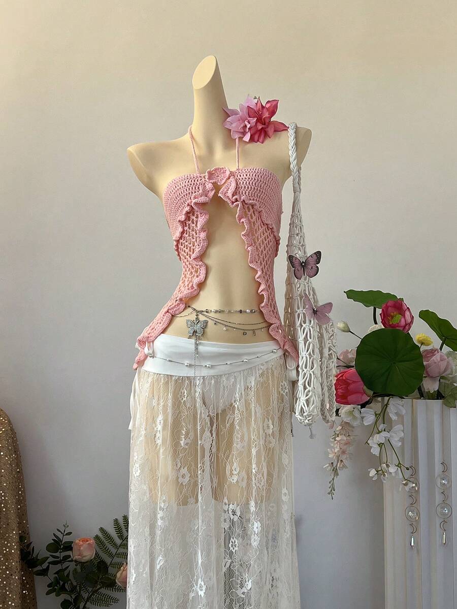 INAWLY Women's Backless Halter Neck Knit Vacation Beach Top - Baby Pink - View 1