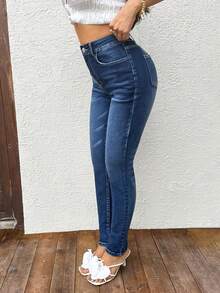 SHEIN PETITE Women's Casual Everyday Pockets Button Jeans - Dark Wash - View 6