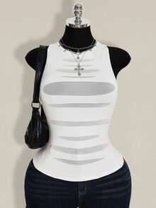 SHEIN ICON Plus Size Women Round Neck Mesh Patchwork Sheer Fitted Casual Top - White - View 1