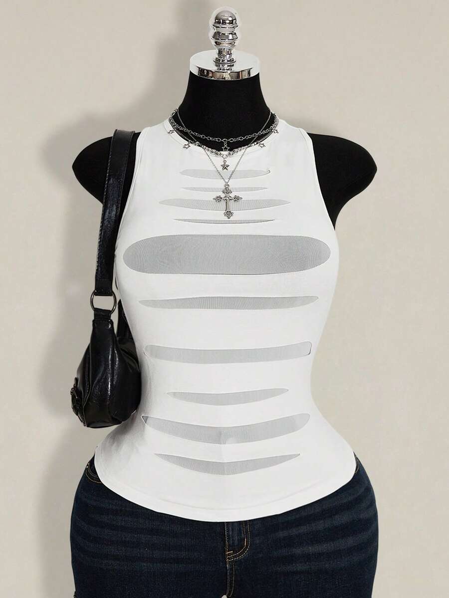 SHEIN ICON Plus Size Women Round Neck Mesh Patchwork Sheer Fitted Casual Top - White - View 1