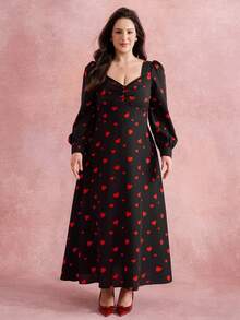 Juhart Đầm maxi dáng chữ A xẻ tà, cổ hình trái tim, xếp ly sâu, tay phồng, eo thắt, dành cho nữ cỡ lớn, màu đen với họa tiết trái tim đỏ, thích hợp cho lễ Halloween, Giáng sinh, tiệc Valentine, mùa xuân/hè/thu/đông. - màu đen - Xem 3