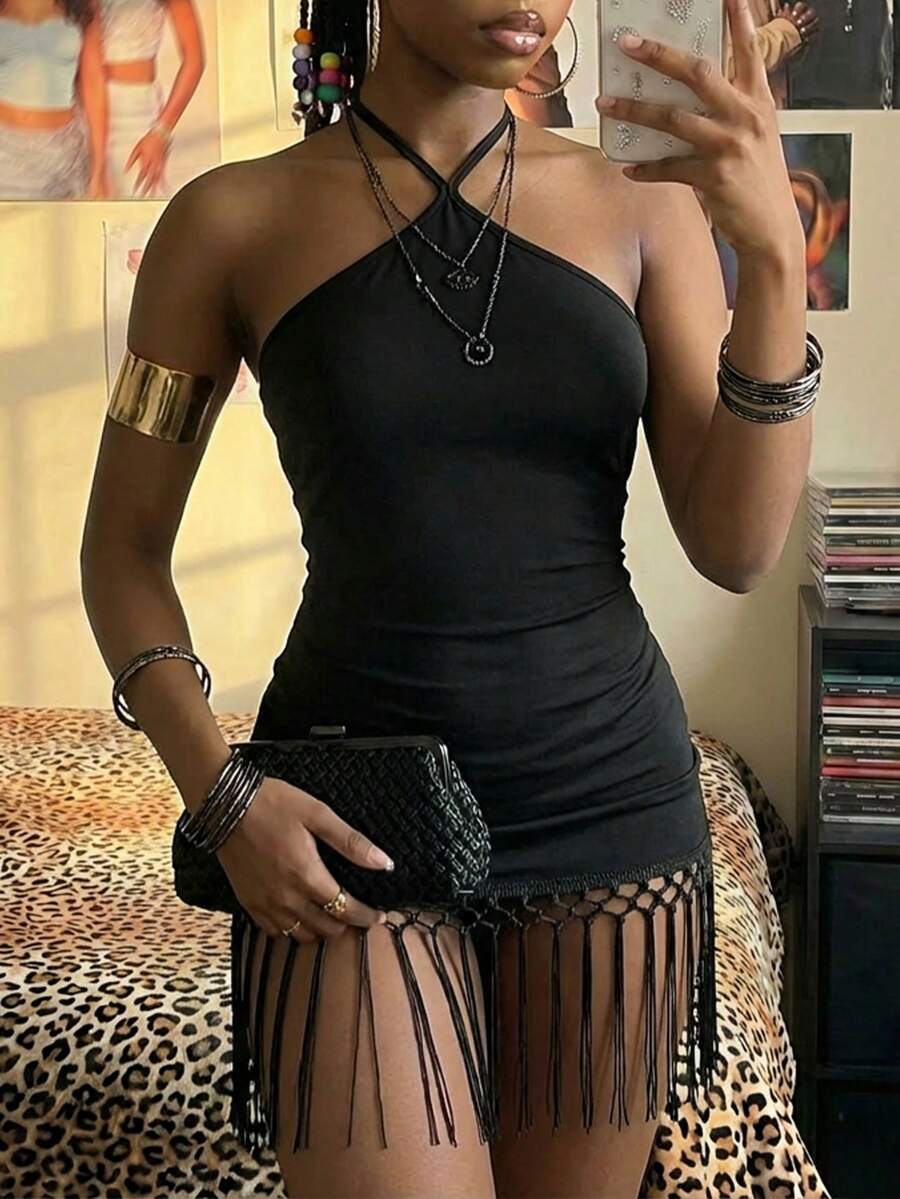 EgrlEra 女士性感波西米亚风流苏装饰吊带紧身迷你连衣裙 - 棕色 - 查看 1