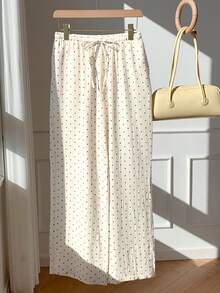SHEIN EZwear 女款編織圓點圖案綁腰寬腿長褲 純棉 白色 夏季 度假款 - 白色 - 查看 3
