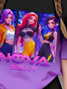 SHEIN 少女紫色渐变夜幕黑，韩式卡通，K-Pop，简约宽松落肩T恤，适合春夏穿着，可爱夏日单品，夏季外出必备，韩式风格，返校季，轻松舒适又时尚，春夏休闲装，童装及印花上衣，夏季新款，春夏时尚 - 彩色 - 查看 4
