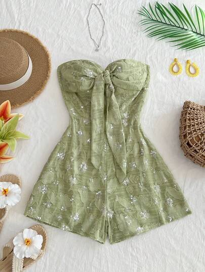 Elamini Women's Sequin Floral Print Twist Front Romper, Fashionable For Dates And Outings