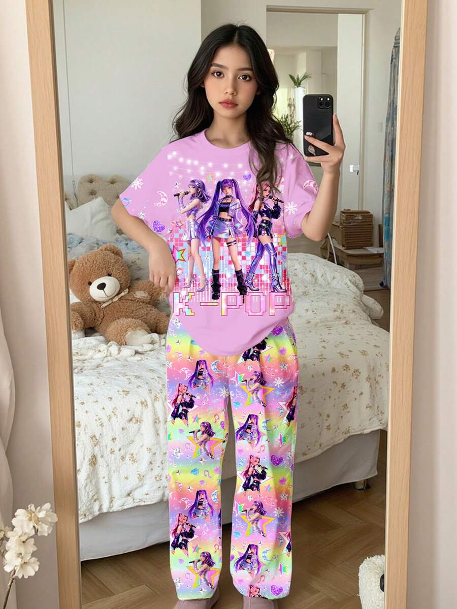 卡通女孩，多巴胺渐变色，韩流巨星，休闲舒适，少女简约圆领短袖T恤和长裤家居服，适合夏季穿着 - 彩色 - 查看 1