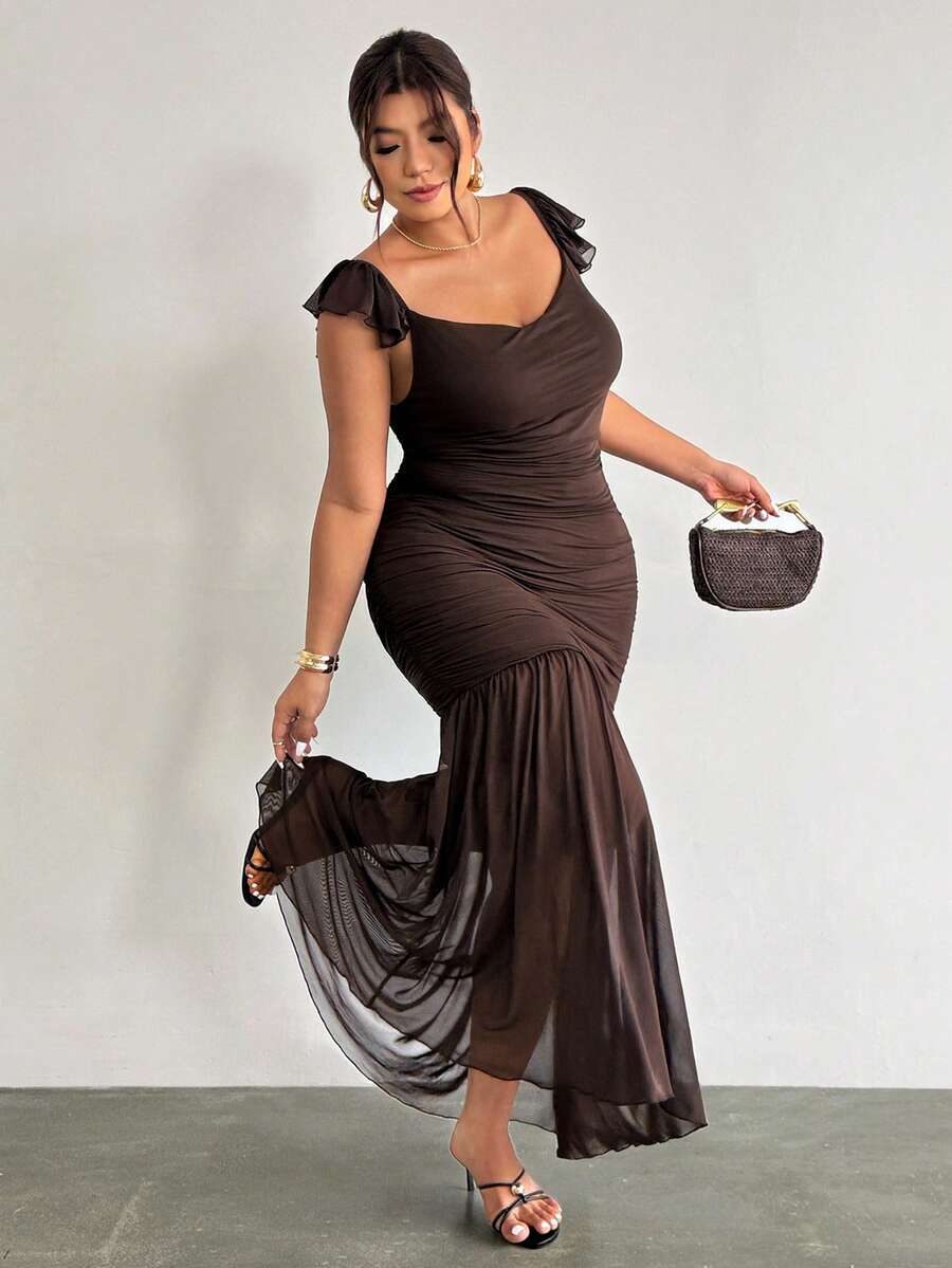 Firerie Robe évasée élégante à taille froncée et nouée pour femmes grandes tailles, en maille. Convient pour les fêtes, les vacances, les festivals de musique, la saison des mariages, les brunchs - Marron - Voir 1