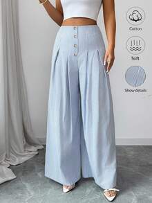 SHEIN Elenzya Women's Elegant Casual Minimalist Commuting Office Daily Vacation High Waist Wide Leg Straight Blue And White Striped Loose Cotton Striped Button Front Pleated Wide Leg Pants, Versatile Summer Trousers - Blue - View 6