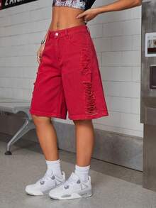 SHEIN ICON 女士宽松破洞口袋牛仔短裤 - 紅色 - 查看 4