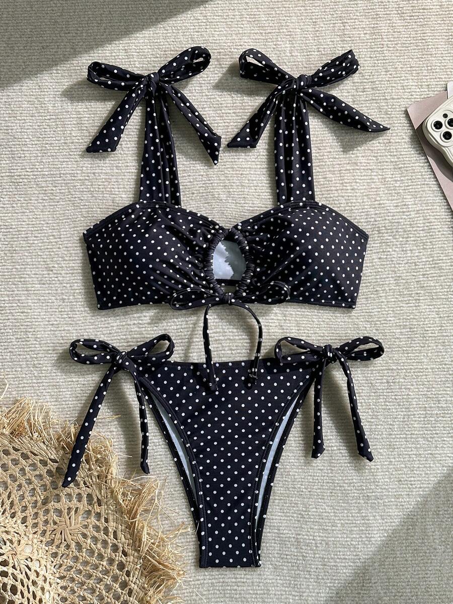 Swim Vcay 热销春夏沙滩度假波点印花前系带+波点印花侧抽绳三角比基尼两件套 - 彩色 - 查看 1