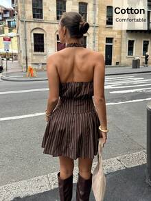 Siren Gaze 女士夏季新款休闲度假风棕色条纹印花露背A字短裙 - 棕色 - 查看 2