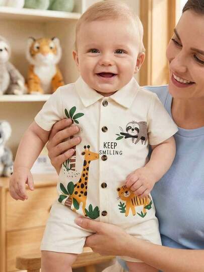 SHEIN 3-24M Baby Boy Short Sleeve Lapel Cute Animal Print Snap-Up Romper, Infant Summer Lapel Jumpsuit, Suitable For Spring/Summer