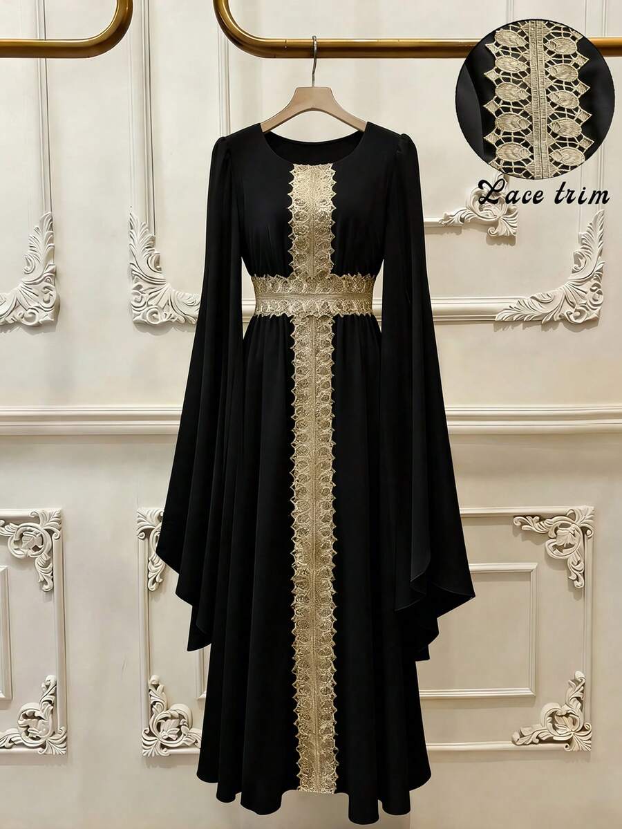 GlowEve Women's Elegant Split Sleeve Glittering Floral Lace Trim Dress With Tie Waist Fall Cloth - Black - View 1