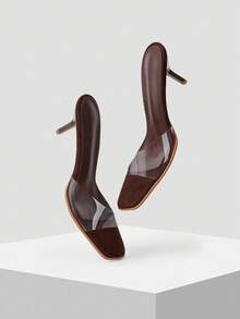 Mnmlis Sandales à bride transparente et à bout carré avec talon fin pour femmes, talons compensés minimalistes et chics en marron clair pour un port quotidien, le travail, les sorties, l'été - Tabac - Voir 5