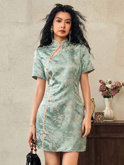 EastFlair Women's Jacquard Chinese Style Short Sleeve Elegant Mini Dress Chinese Style Dress Asian Dress Cheongsam Dress Chinese Outfit Women Qipao Dress