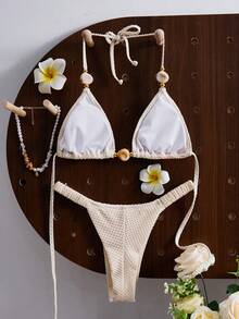 Swim Vcay 优雅性感的女士泳装套装，采用特殊面料，并饰以金属和宝石装饰。 - 白色 - 查看 2