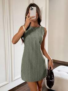 Serisse Vestido mini casual sin mangas a rayas para vacaciones - Verde - Ver 4