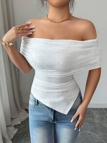 Selianne Blus Wanita Putih Motif Kupu-kupu Jacquard Bertekstur, Model Bahu Terbuka, Elegan, Pas Badan, Busana Musim Panas Penting untuk Kencan, Pesta Malam, Hadiah Ulang Tahun, dan Perjalanan - Putih - View 3
