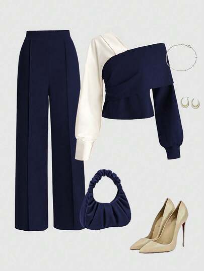 Franclia 两件套：V领撞色拼接上衣和直筒裤，秋冬季休闲套装