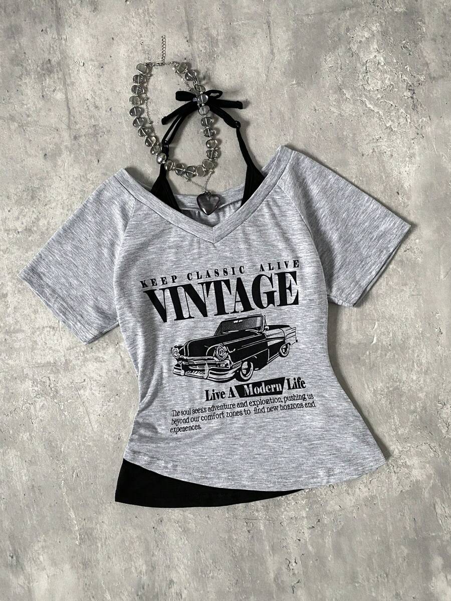 这款少女休闲二合一街头风T恤，印有字母标语和汽车图案，采用露肩短袖设计，适合夏季休闲活动、购物和拍照。 - 灰色 - 查看 1