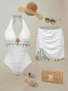 Swim Oasis White Summer Casual Holiday Party Vacation Elegant Starfish & Shell One-Piece Swimsuit,Paired With Skirt 2 Pieces Set Women's Beach Boho Swimwear - White - View 2