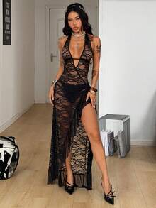 Coolane 女士春夏街头风度假穿搭外出音乐节大学生复古时尚性感派对撞色蕾丝荷叶边弹力舒适黑色V领吊带吊带裙优雅连衣裙 - 黑色 - 查看 5