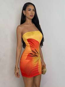 Glamine 女士时尚印花抹胸连衣裙 - 橘色 - 查看 5