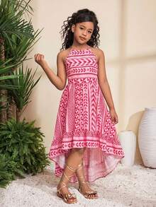 SHEIN Tween女孩休閒度假時尚海灘假期熱帶花卉印花無袖細肩帶露背不對稱下擺抓皺拼接喇叭擺梭織印花洋裝 - 粉色 - 查看 3