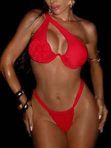 Swim SXY Damen Mode Bikini Set, Rot, handgefertigt mit Blumen, Ausschnitt, einschultrig, rückenfreie Bindung, Dreieck Bikinihose, Strand, Urlaub, Küste, Unterhaltung, Party, Lässig - Rot - Übersicht 4